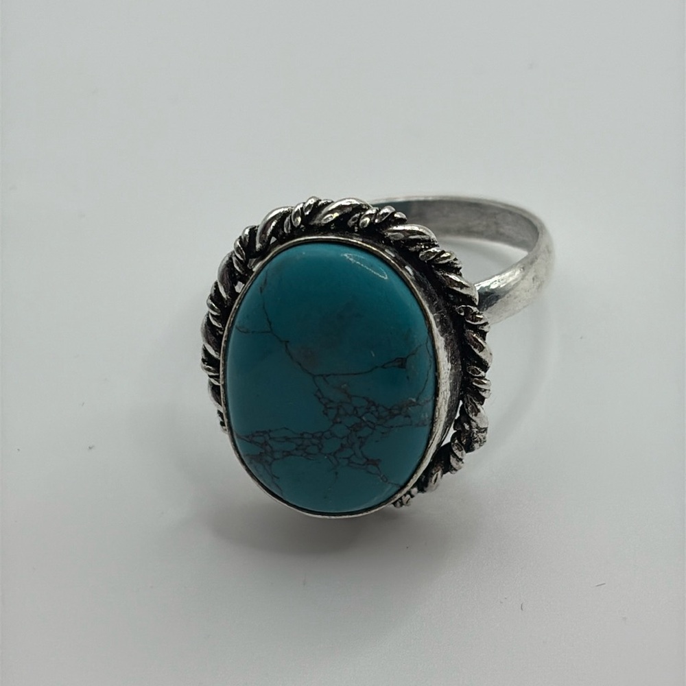 South Western Turquoise Oval Silver Twist Braid Boho Ring 9 NWOTS